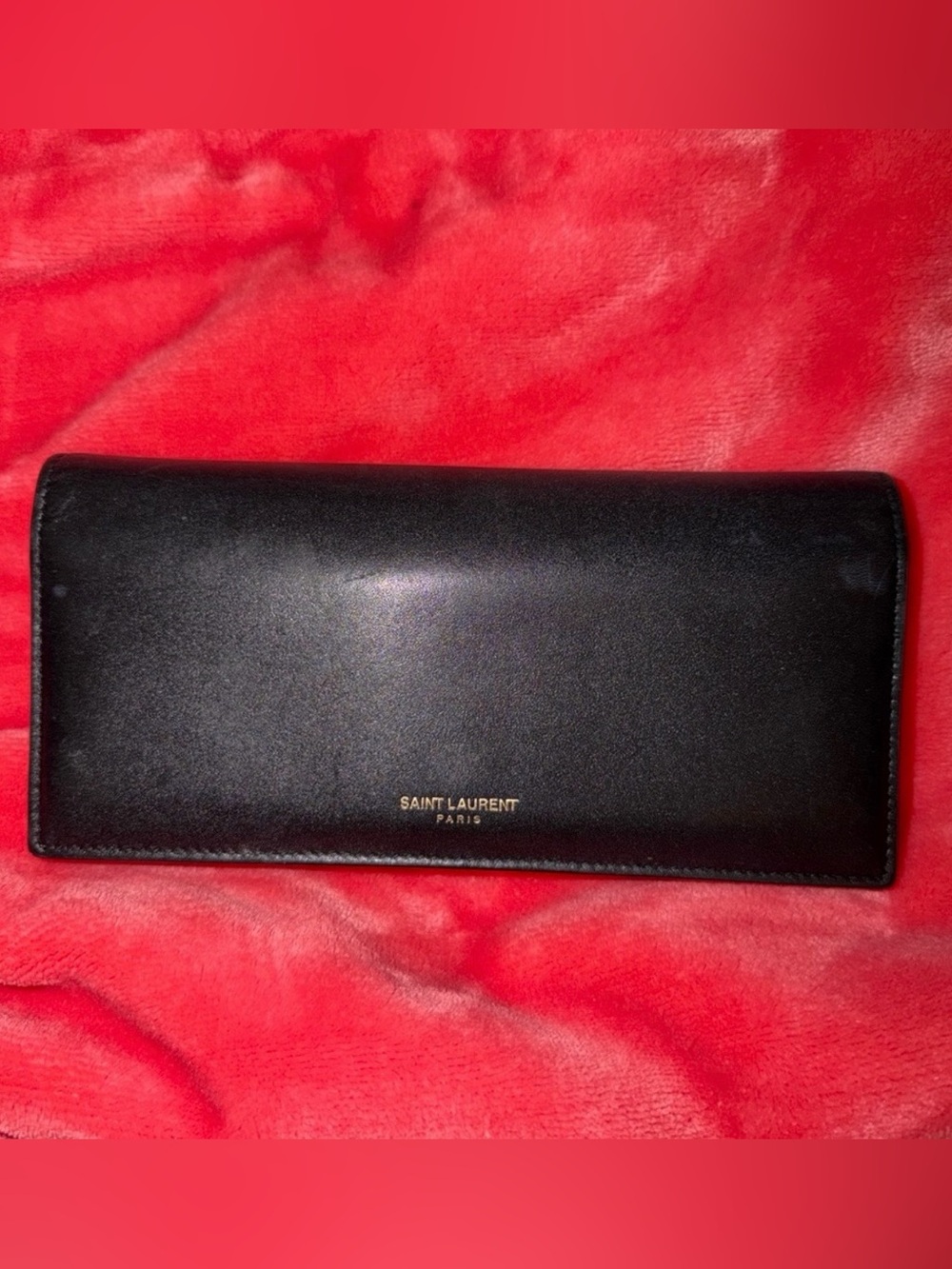 Vintage Authentic Saint Laurent Black Long Leather Wallet with Gold Logo